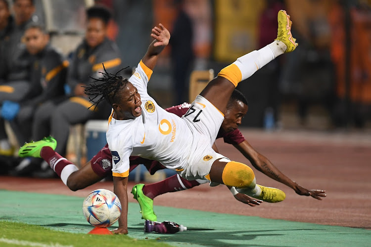 Nicholus Lukhubeni of Swallows clatters down Kgaogelo Sekgota of Kaizer Chiefs in the DStv Premiership match at Dobsonville Stadium in Johannesburg on October 5 2022.