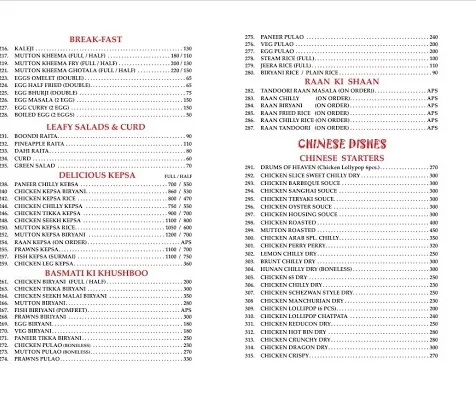 Arab Restaurant menu 