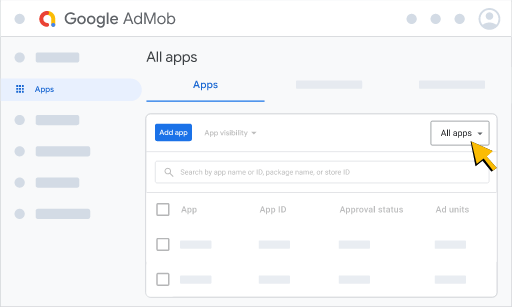 ตัวอย่างตําแหน่งที่เปิดเมนูระดับการมองเห็นแอปใน AdMob