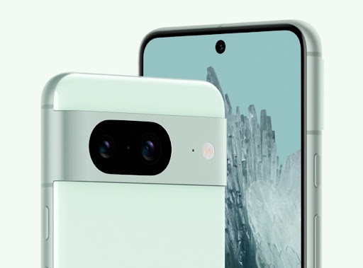 The front and back of a Pixel 8 in the new Mint colour.