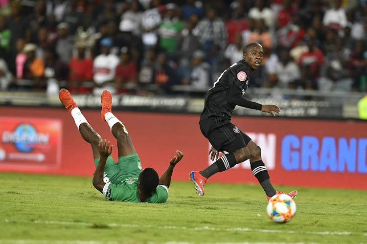 Ben Motshwari of Orlando Pirates and Jabulani Ncobeni of AmaZulu FC during the Absa Premiership match between Orlando Pirates and AmaZulu FC at Orlando Stadium on February 23, 2019 in Johannesburg, South Africa.