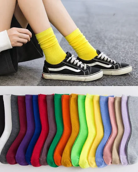 CHAOZHU Socks Women Pure Solid Colors 19 Colors Neon Yell... - 3