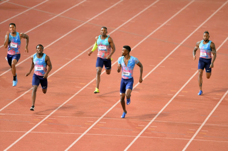 Anaso Jobodwana, Clarence Munyai, Luxolo Adams, Trentavis Friday, Isaac Makwala, Retshidisitswe Mlenga, Hendrick Maartens and Justin Walker during day 1 of the Athletix Grand Prix at Ruimsig Athletics Stadium on February 28, 2018 in Johannesburg, South Africa.