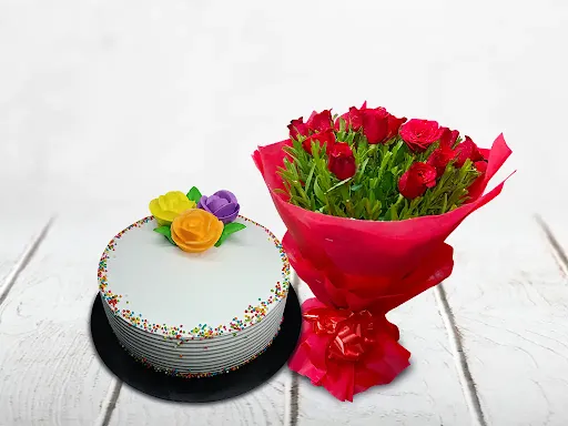 Rainbow Cake With 10 Red Rose