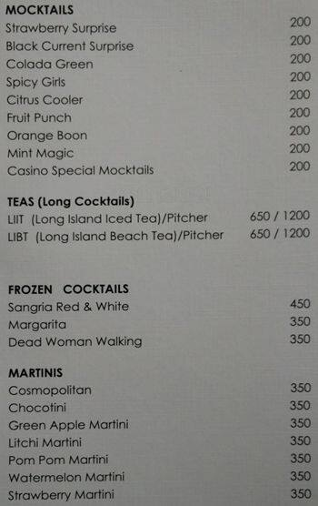 Casino Bar menu 