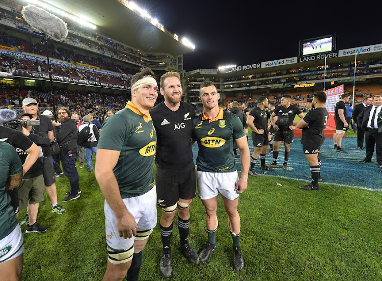 Francois Louw of South Africa, Kieran Read (captain) of New Zealand and Jesse Kriel of South Africa after the Rugby Championship 2017 match between South Africa and New Zealand at DHL Newlands on October 07, 2017 in Cape Town, South Africa.