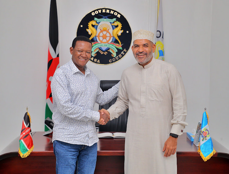 Foreign Affairs CS Alfred Mutua with Mombasa Governor Abdulsamad Nassir in Mombasa on February 3,2023.