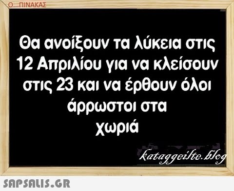 Ο..ΠΙΝΑΚΑΣ Θα ανοίξουν τα λύκεια στις 12 Απριλίου για να κλείσουν στις 23 και να έρθουν όλοι άρρωστοι στα χωριά