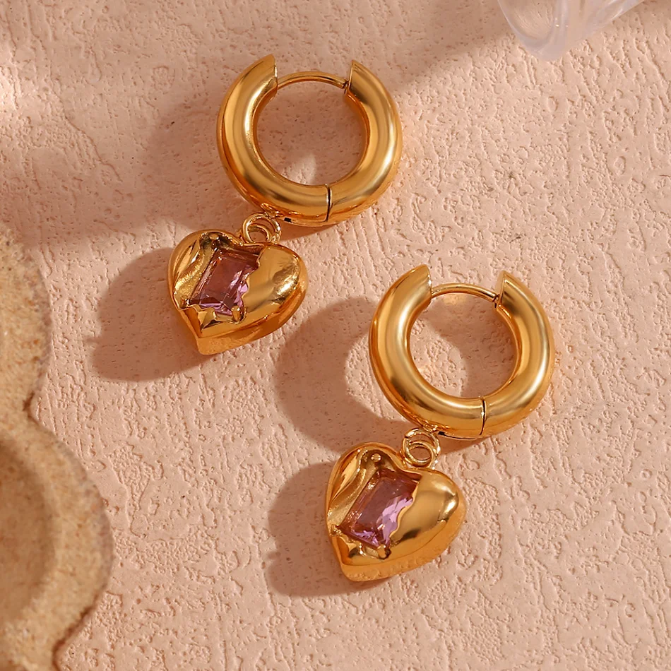 Boucles d'oreilles Acier Inoxydable Plaqué Or 18K Pendentif Coeur Pêche en Zircon Incrusté Bijoux pour Femmes