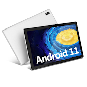 White Plimpton tablet showing the camera in the back and the screen in the front. The screen says Android 11