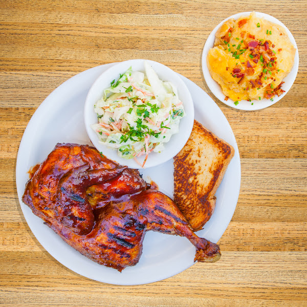 Half Chicken Plate (gluten-free excluding the bread). Comes with choice of 2 sides.