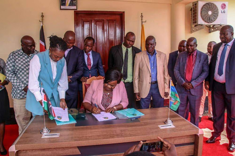 Homa Bay Governor Gladys Wanga signs climate change bill into law at the county headquarters in Homa Bay town on Wednesday, November 9.