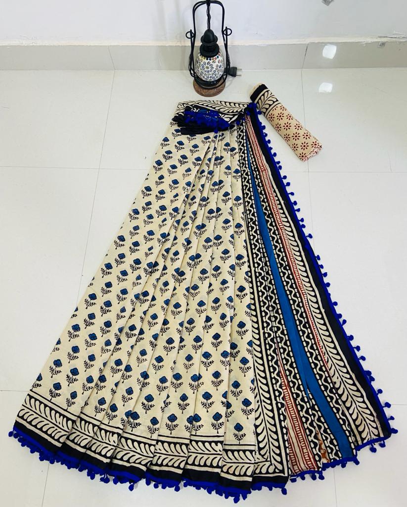 Hand block print cotton mul-mul saree