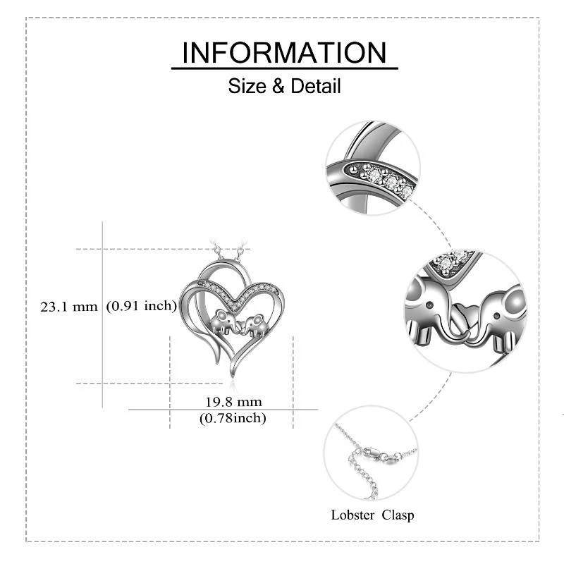 Pendentif éléphant cœur en argent sterling pour mère et enfant. Un symbole d'amour et de lien familial précieux et durable.