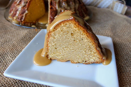 A slice of Irish Cream Pound Cake on a plate.