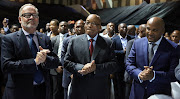 Umkhonto weSizwe Military Veterans Association spokesperson Carl Niehaus, former president Jacob Zuma and National Funeral Parlour Association (Nafupa SA) president Muzi Hlengwa at the Nafupa SA gala dinner at the Olive Convention Centre in Durban on March 8 2018. 