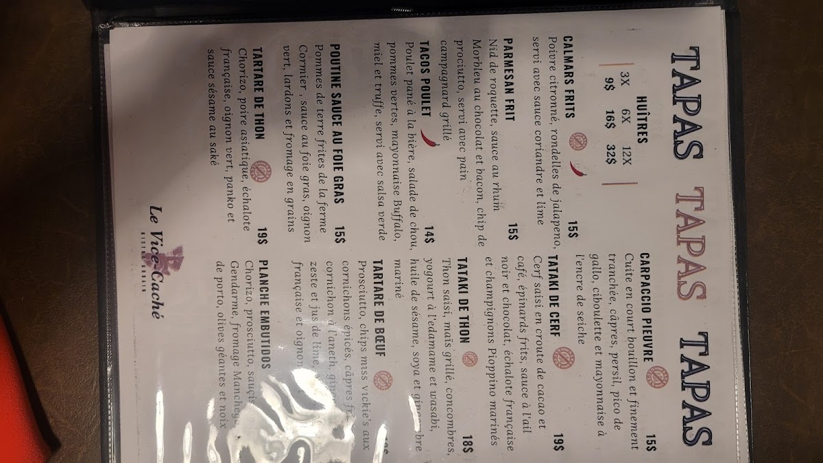 Le Vice-Caché Bistro Urbain gluten-free menu