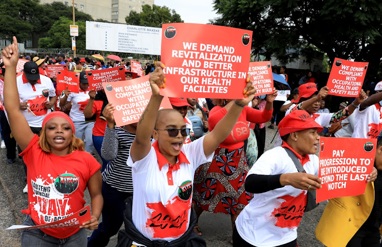 Nehawu members working at Charlotte Maxeke Hospital in Gauteng during protests last week. On Tuesday morning the Gauteng health department says most of its facilities are operating as expected after a court order interdicting essential service employees from participating in the strike.