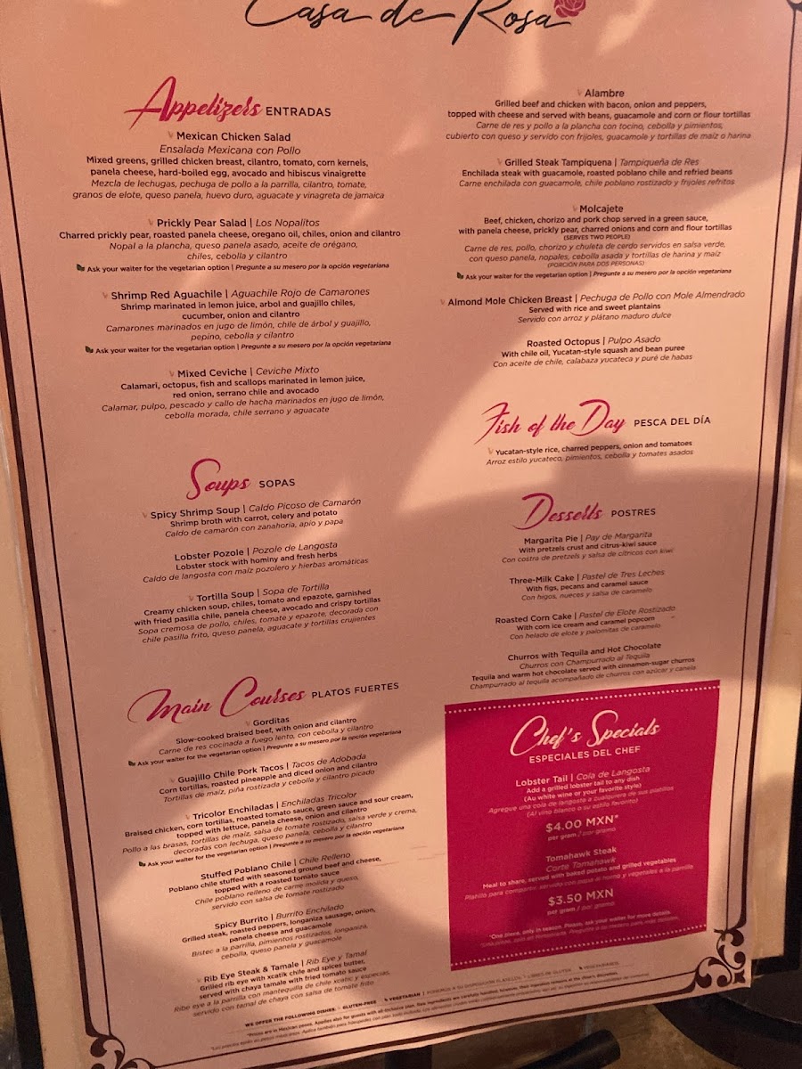 Casa Rosa gluten-free menu