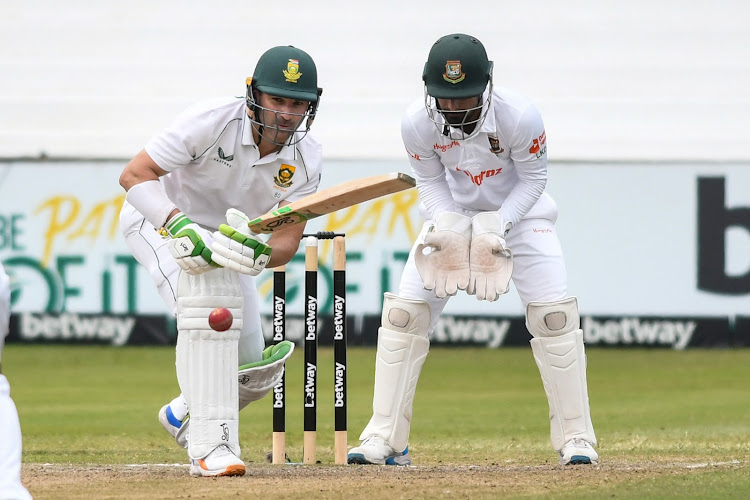 SA captain Dean Elgar bats during during day four of the Test against Bangladesh at Kingsmead Stadium in Durban on Sunday