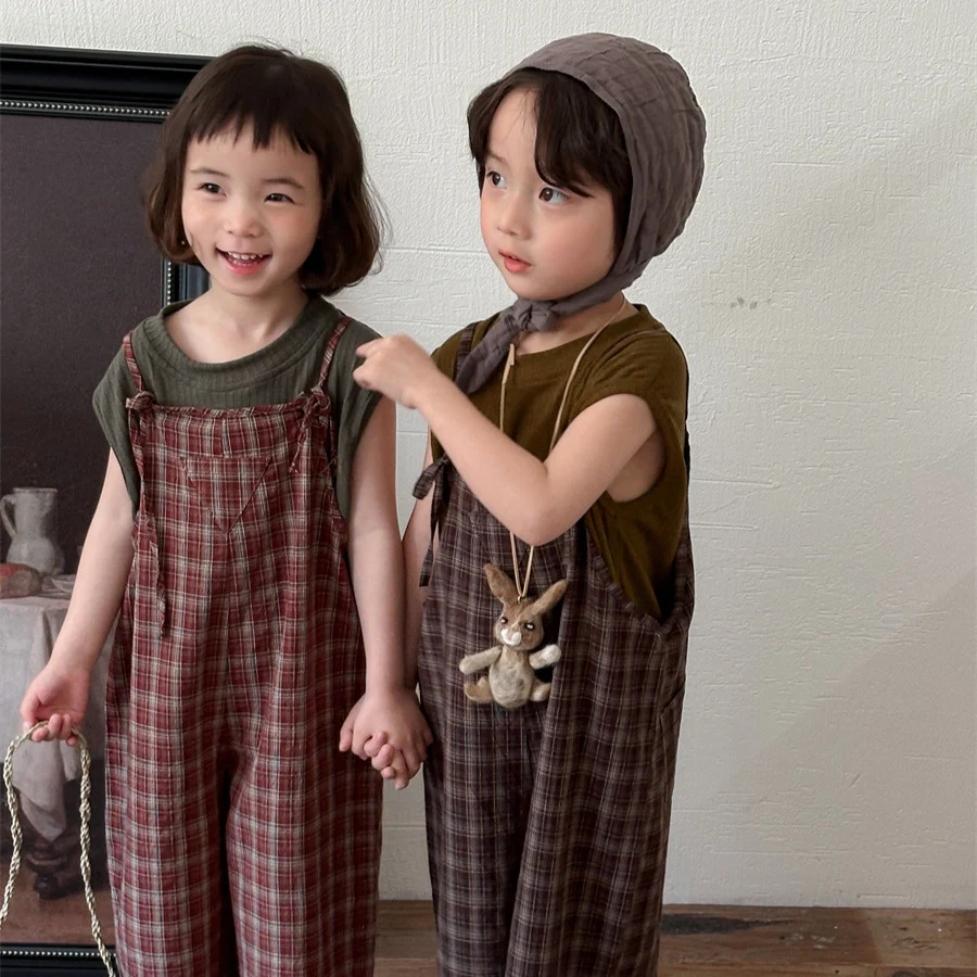 Barboteuse d'été à carreaux pour enfants, style Mori rétro, combinaison droite pour bébés, unisexe, parfait pour un look décontracté.