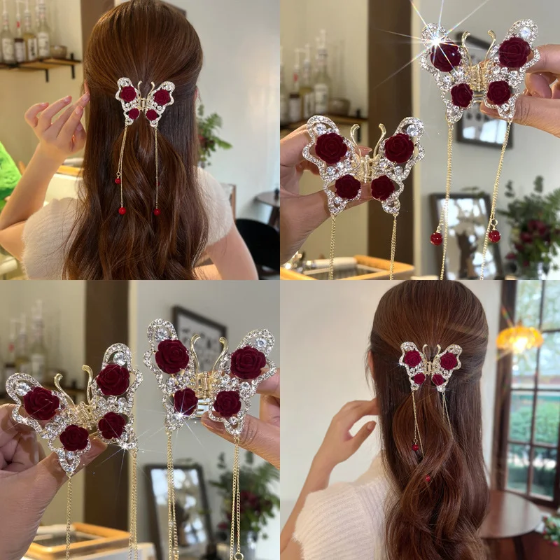 Geavanceerde haarclip met halve strik, haai en delicate vlinderdesign voor verfijnde kapsels met een elegante uitstraling.