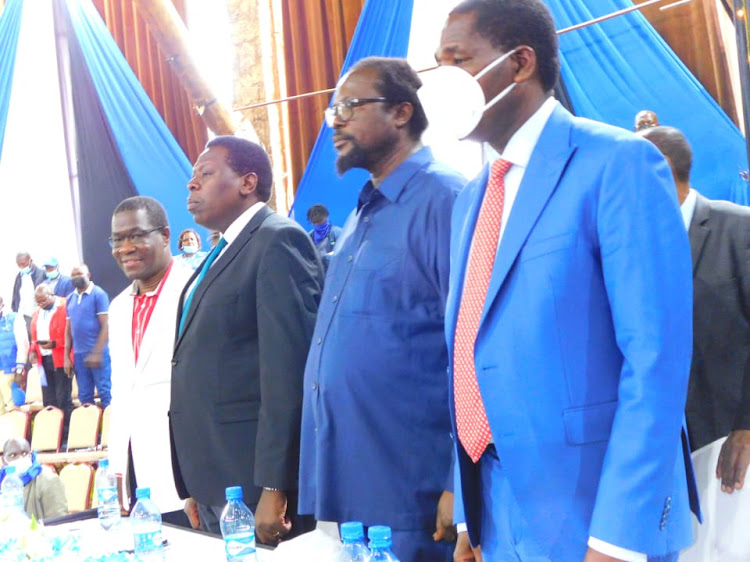 Ugunja MP Opiyo Wandayi, CS Eugene Wamalwa, DAP-K party leader Wafula Wamunyinyi and CS Peter Munya during the launch of the party in Bomas of Kenya on November 14.