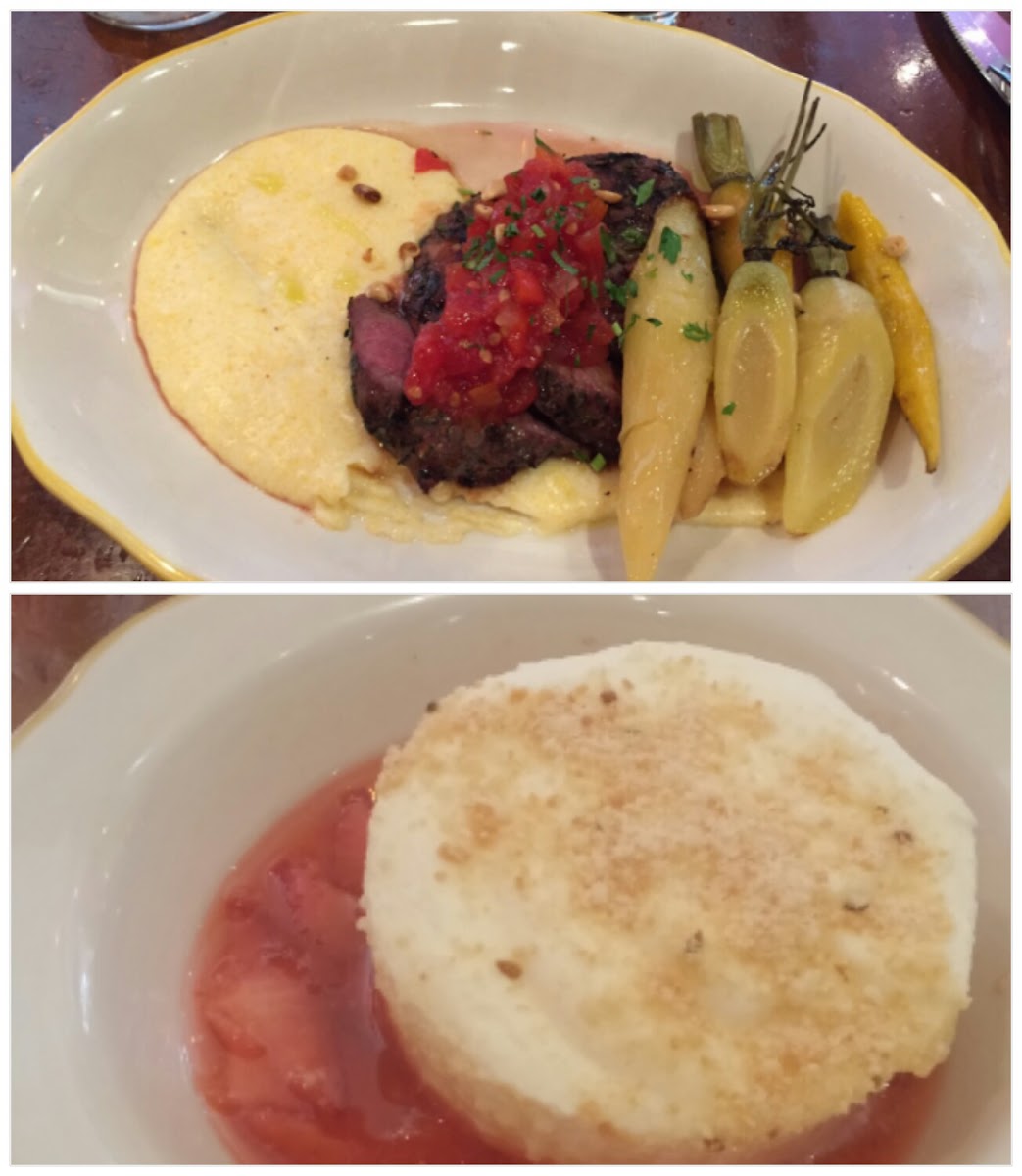 Lamb special with creamy polenta and carrots, Italian custard with berry compote.