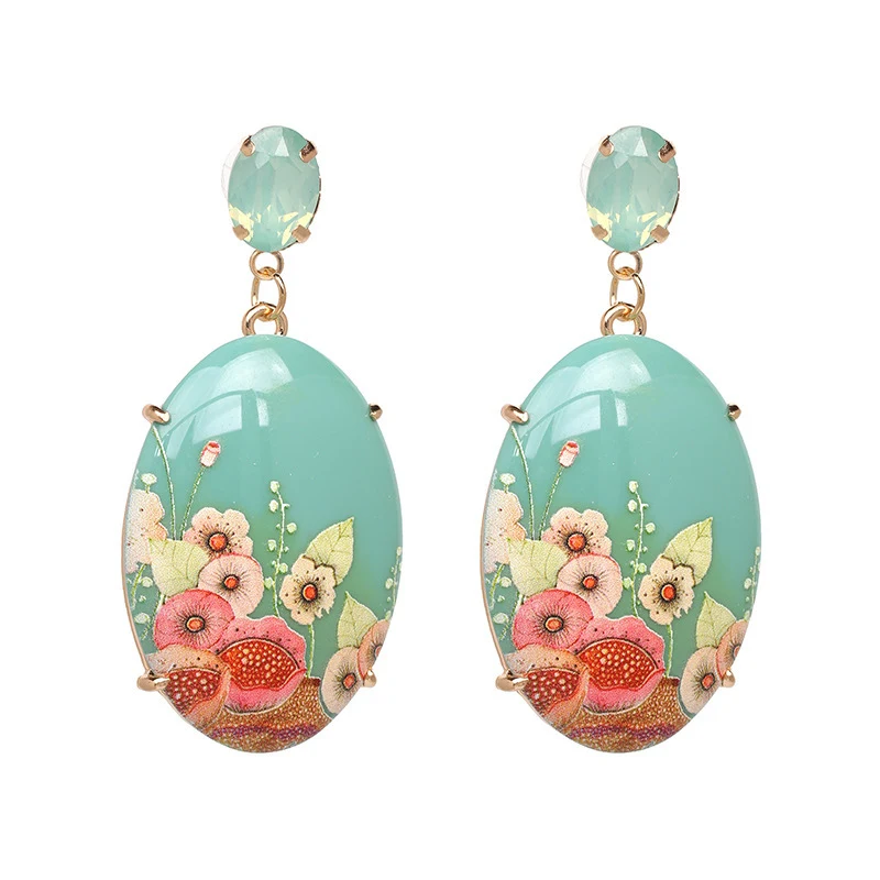 Reçine Baskılı Retro Oval Küpeler