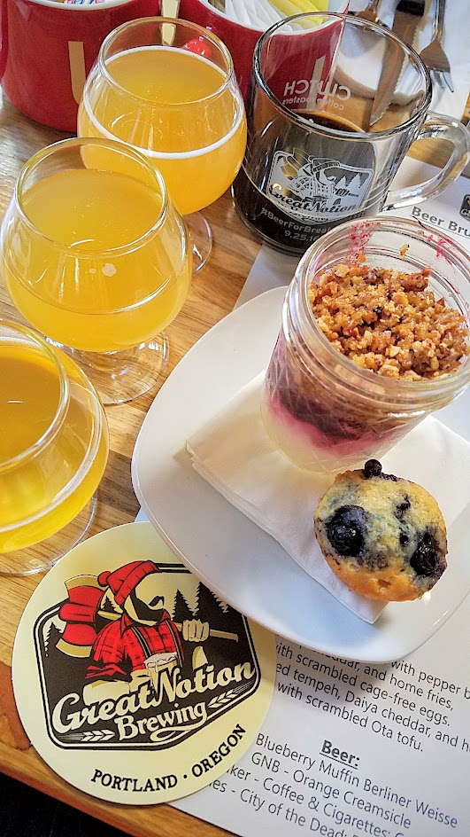 Beer for Breakfast at Great Notion Brewing on September 25, 2016: Course 1 Parfait (either dairy or vegan yogurt) with marionberry and ginger compote and pulverized hazelnut brittle and Random Order blueberry muffin or a vegan blueberry fig bar. Beer Pairings of Great Notion Brewing Barrel Aged Apricot Mimosa, Reverend Nat's Tepache with Prosecco, Culmination/Ruse Breakfast in Paradise Imperial Wit with Pineapple, Great Notion Brewing Blueberry Pancakes