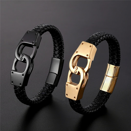 Title 4, Mens Stainless Steel Woven Leather String Brac...