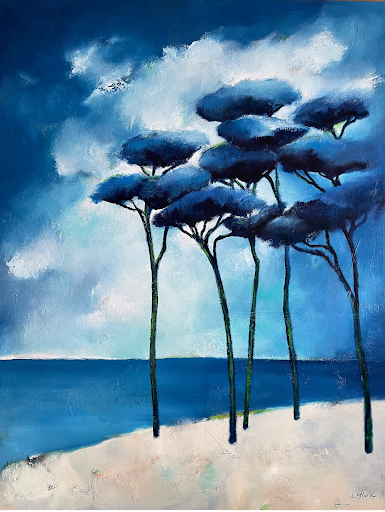 La plage, La baule, marine de Lydie Allaire, artiste peintre Nantes, pins Parasol, ciel bleu, nuage blanc, tableau de bord de mer, paysage de Bretagne, peinture à l'huile, paysage bleu de Lydie Allaire, océan, tourisme en Bretagne, expositions de Lydie Allaire en Finistère, Logona-Daoulas, Plomodiern, Landivisiau, Riantec, Baie de Morlaix, galeries d'Art en Bretagne, Nantes Métropole, tourisme de bord de mer, plage de Saint-Brévin les pins, Loire-Atlantique