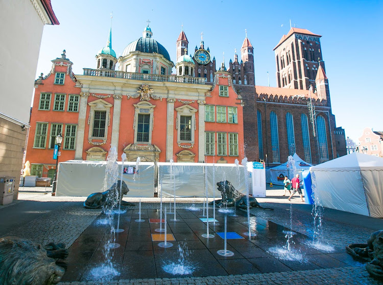 A fountain that’s a popular tourist attraction in Old Gdansk, Poland. 