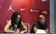 Cartier Diarra and coach Florsheim Ngwenya of Cape Town Tigers speak to the media after their loss to FUS Rabat in the Basketball African League this week.