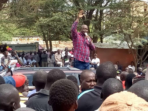 Tiaty MP William Kamket addresses the public during celebrations in Marigat town, of Charles Kamuren's victory in the Baringo South by-election, August 18, 2018. /JOSEPH KANGOGO