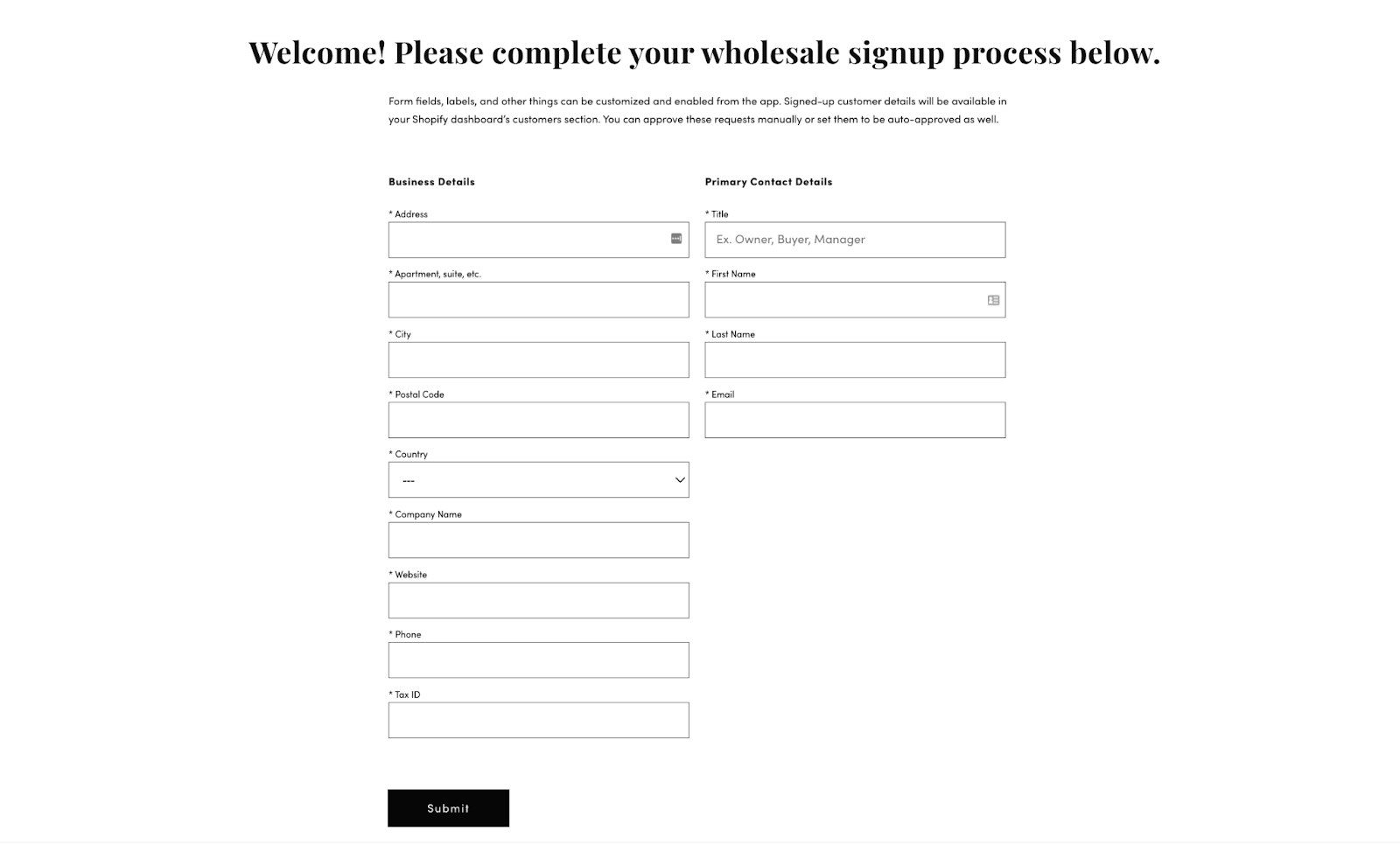 wholesale signup form example by Wholesale Helper - b2b wholesale