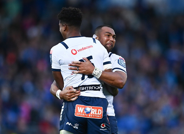 Cornal Hendricks and Canan Moodie of the Bulls celebrate their United Rugby Championship semifinal win over Leinster at the RDS Arena in Dublin.