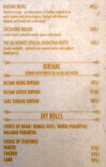 Indian Alchemy menu 