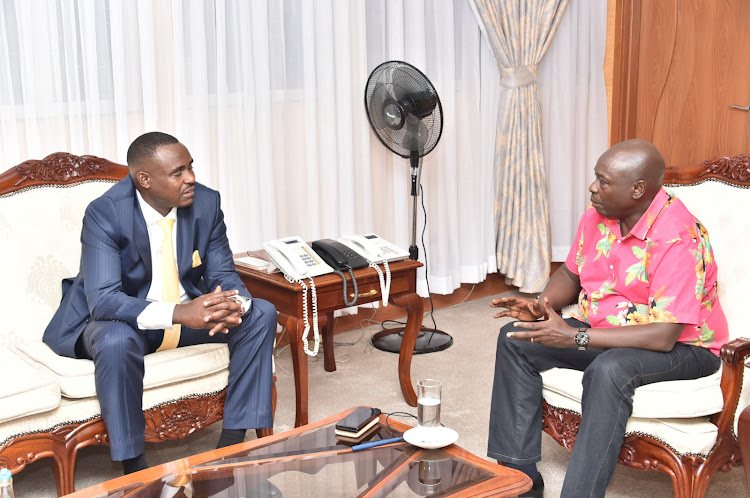 Deputy President Rigathi Gachagua in a meeting with UDA SG Cleophas Malala at the Harambee Annex on March 2,2023.