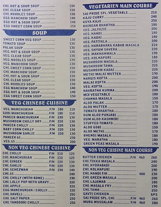 Sai Pride menu 