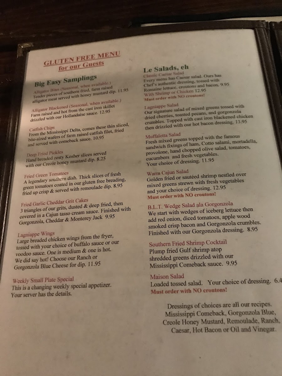 Lagniappe Cajun Creole Eatery gluten-free menu