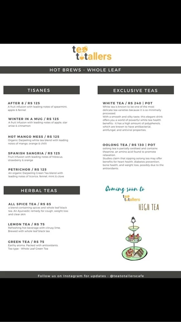 Tea Totallers menu 