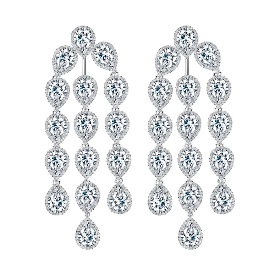 Boucles d'oreilles de mariée pendantes, longues, en goutte d'eau avec zirconiums et pampilles, pour un mariage élégant.