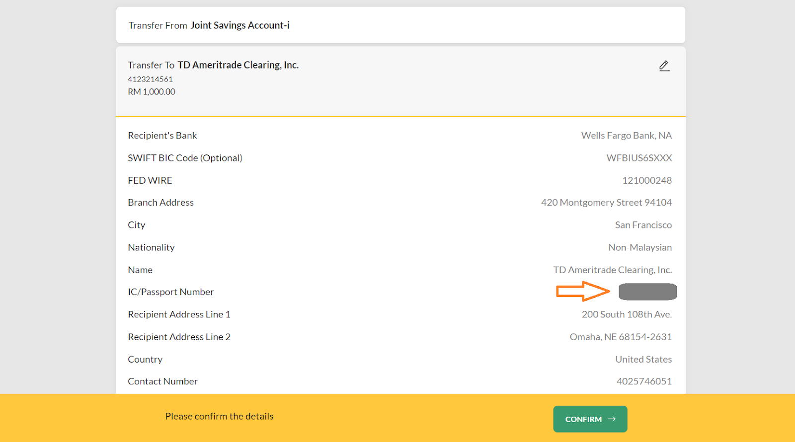 The last page which shows all your details before you confirm to transfer your fund to TD Ameritrade