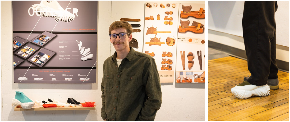 Quinn standing in front of a poster showing the shoe he designed (left) and wearing the shoe he designed (right)