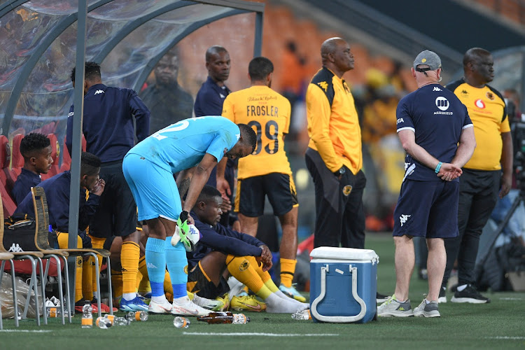 Kaizer Chiefs goalkeeper Itumeleng Khune and coach Molefi Ntseki look on during the Carling Knockout Cup match against AmaZulu at FNB Stadium on Saturday.