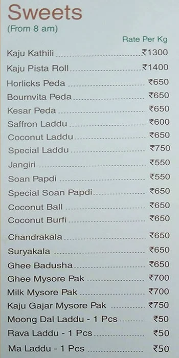 Saravana Bhavan menu 