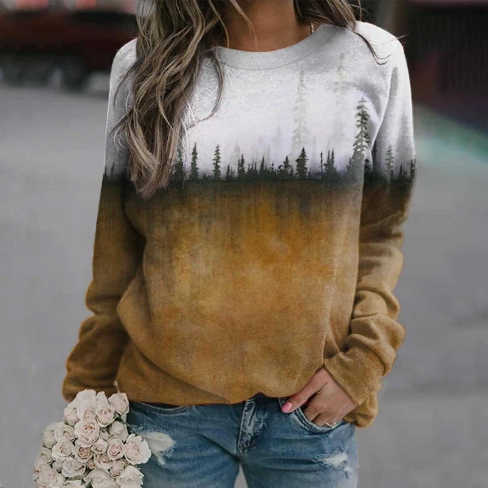 Sudadera casual con cuello redondo y estampado de pino para mujer