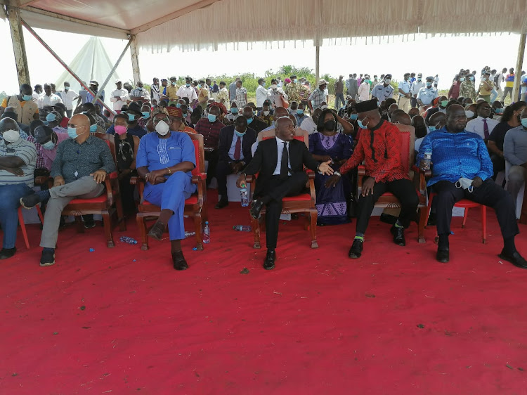 Kisumu East MP Shakeel Shabir with Kisumu West MP Olago Aluoch, EAC chief administrative Secretary Ken Obura and Kisumu Senate Fred Outa and Muhoroni MP Onyango Koyoo during the burial of former governor Jack Ranguma's daughter Sonya on Friday.