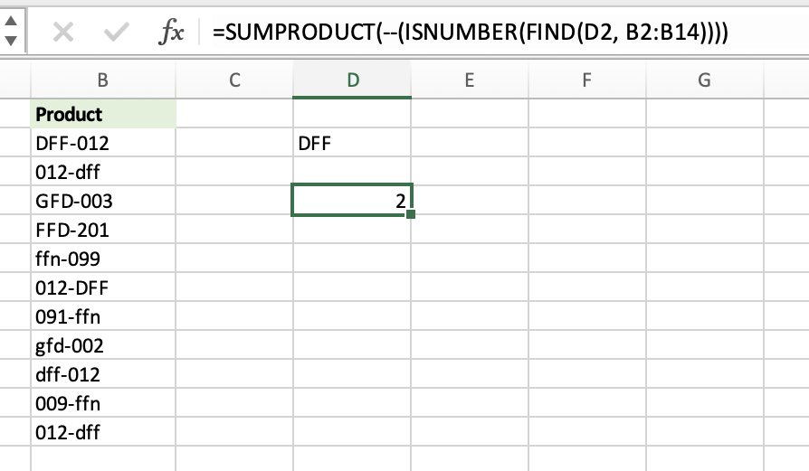 Tabla que se muestra junto a una fórmula que muestra cómo contar celdas que contienen texto específico